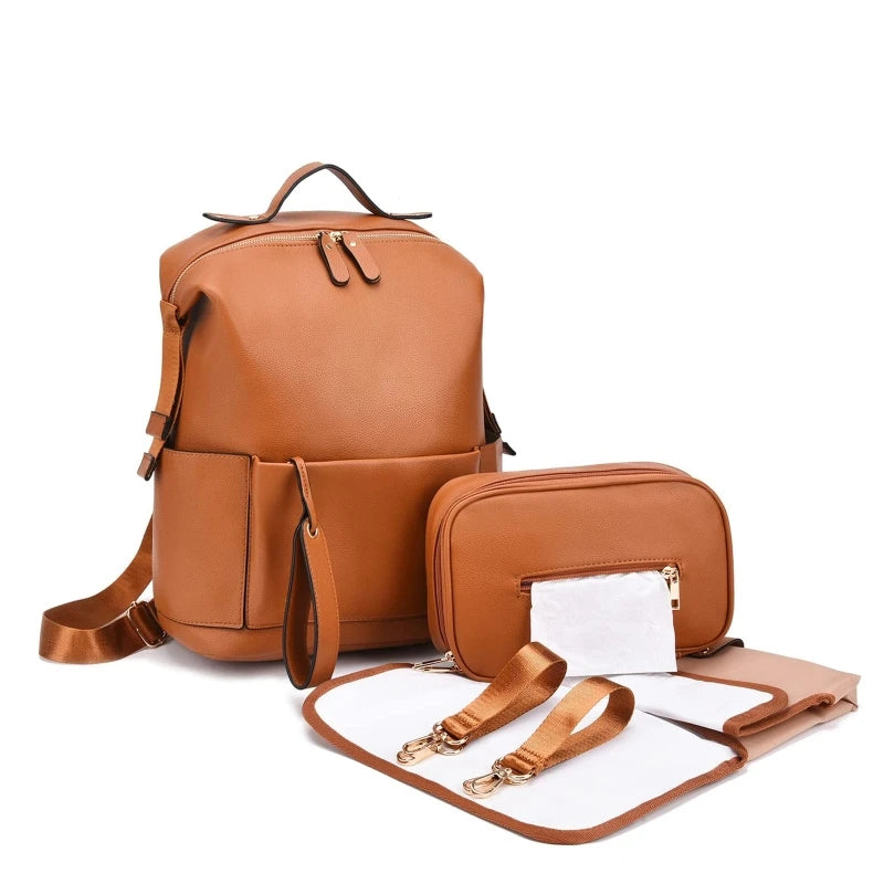 Multifunctional Leather Baby Changing Bag - Camel