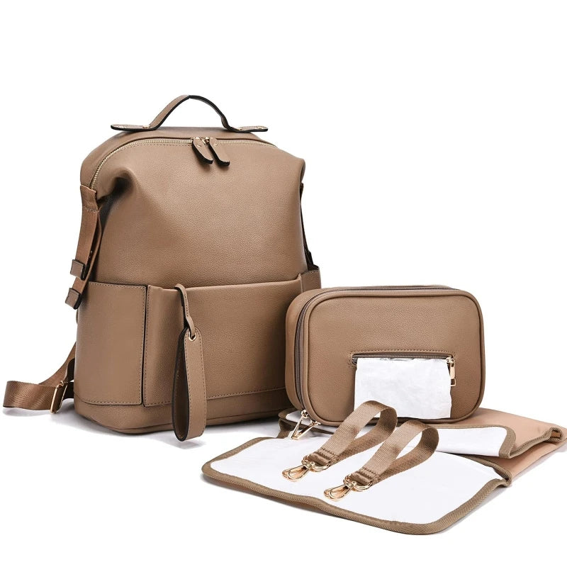 Multifunctional Leather Baby Changing Bag - Camel