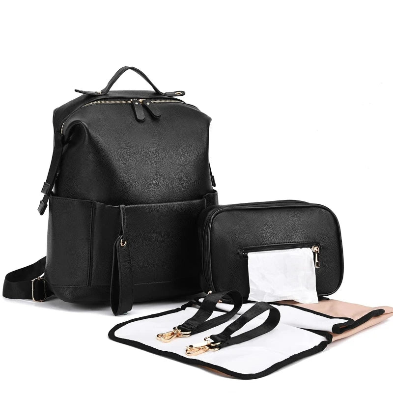 Multifunctional Leather Baby Changing Bag - Camel