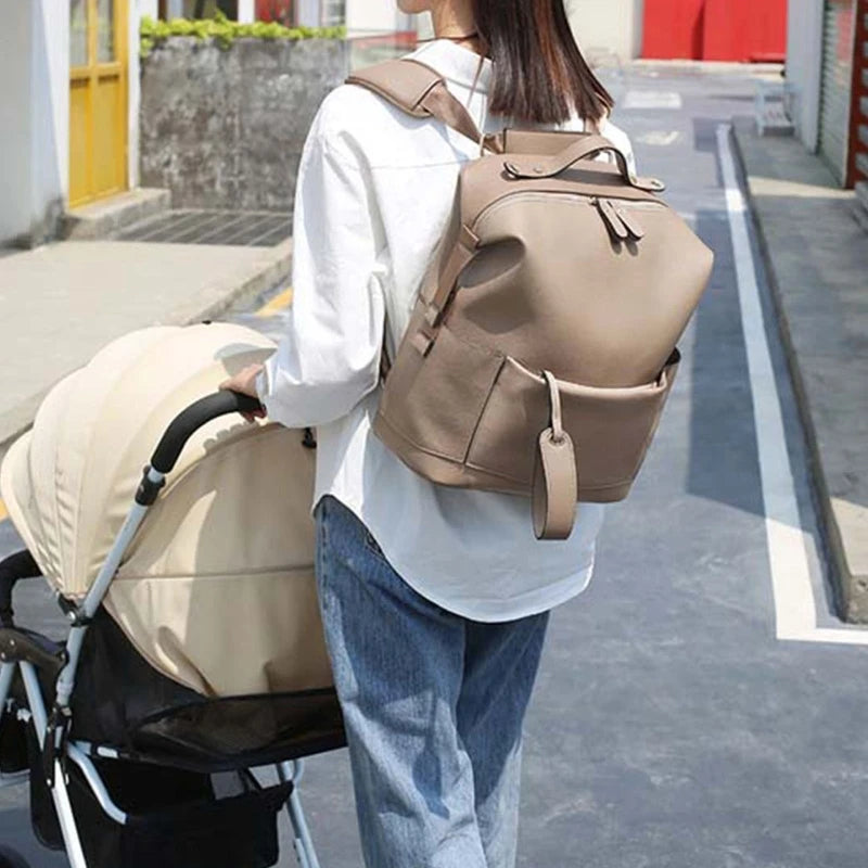 Multifunctional Leather Baby Changing Bag - Beige